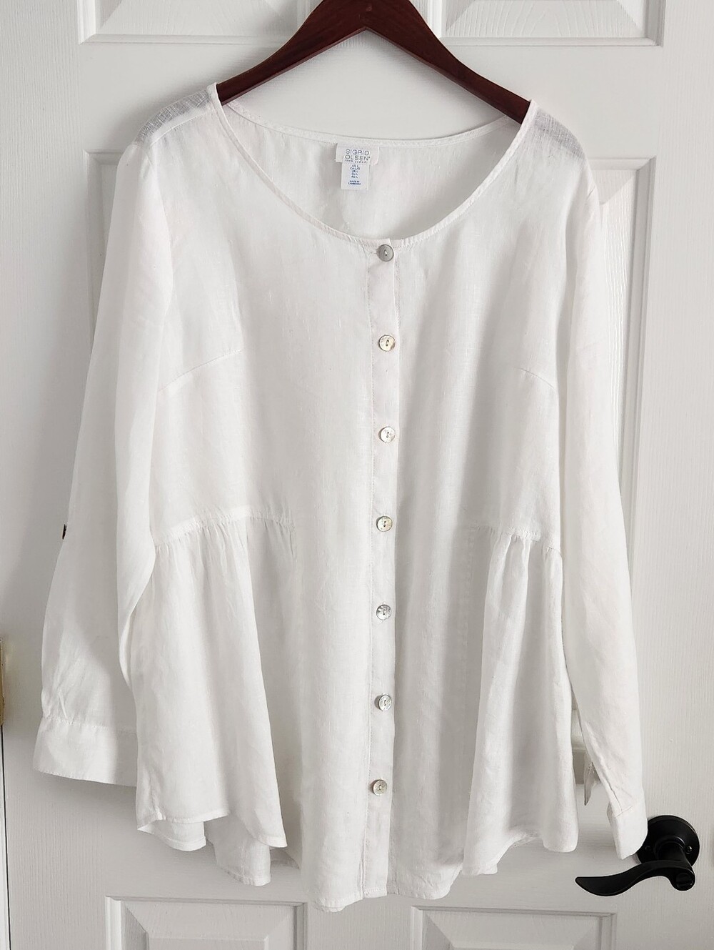Sigrid Olsen 100% Linen White Button-Front Peplum Blouse